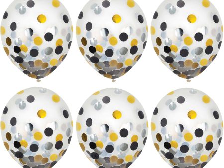 Black, Silver, Gold Latex Balloons With Confetti 12in, 6pcs Online Sale