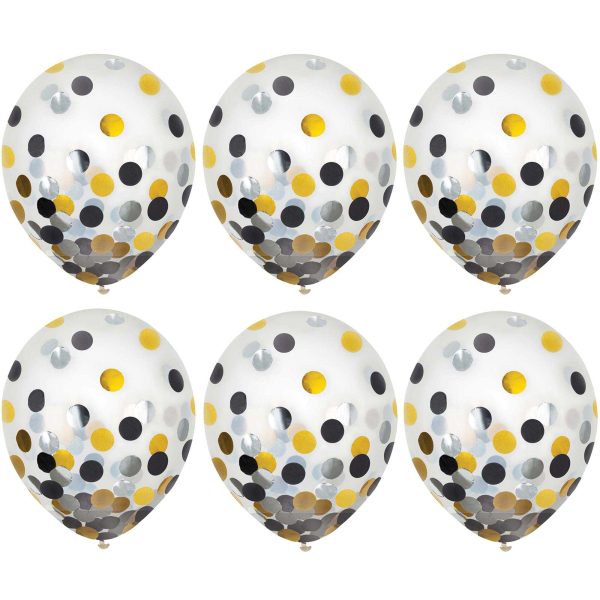 Black, Silver, Gold Latex Balloons With Confetti 12in, 6pcs Online Sale